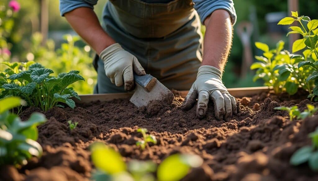 Entretenir la terre argileuse du potager à l'aide d'une pelle
